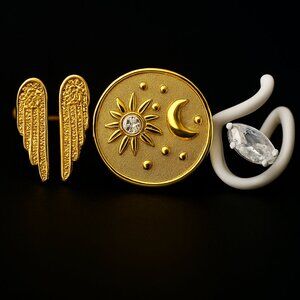 Gold Celestial Chic Ring Set by Wild Fable – Moon, Stars, Wing & Crystal Rings